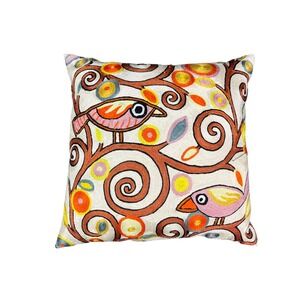 Omar Imports Kashmir India Hand Embroidered Bird Chain Stitch Pillow Cover 16x16